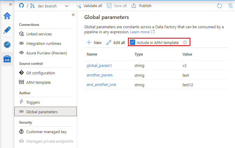 Global parameters: Include in ARM template